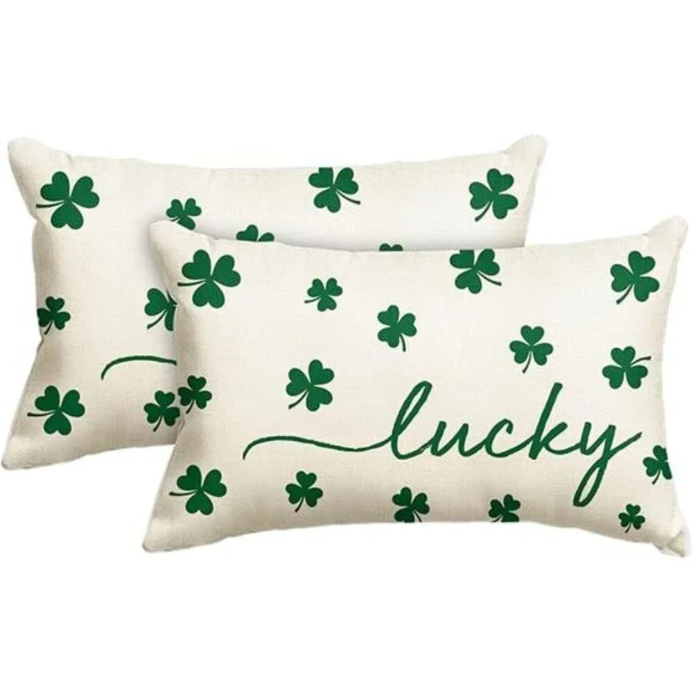 St Patricks Day Lucky Clover White Throw Pillow Cover, 12 x 20